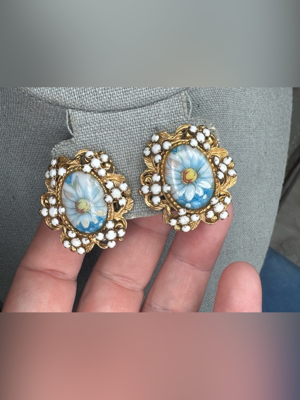 Alice Caviness Earrings Painted Porcelain Flowers With Milk Glass Clip On